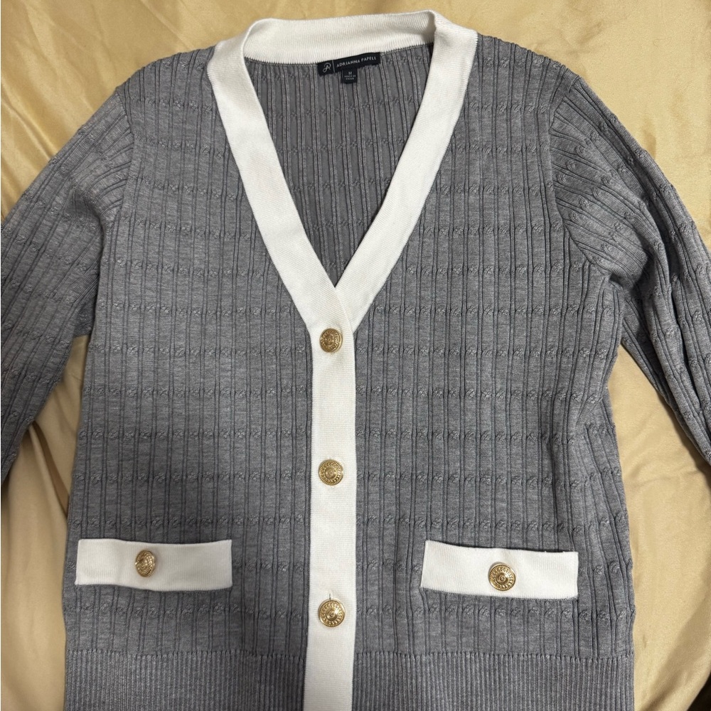Gray and White Cardigan with Gold Buttons